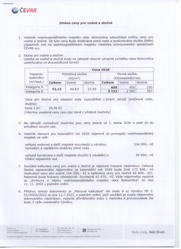 Navýšení cen vodného a&nbsp;stočného na&nbsp;rok 2026